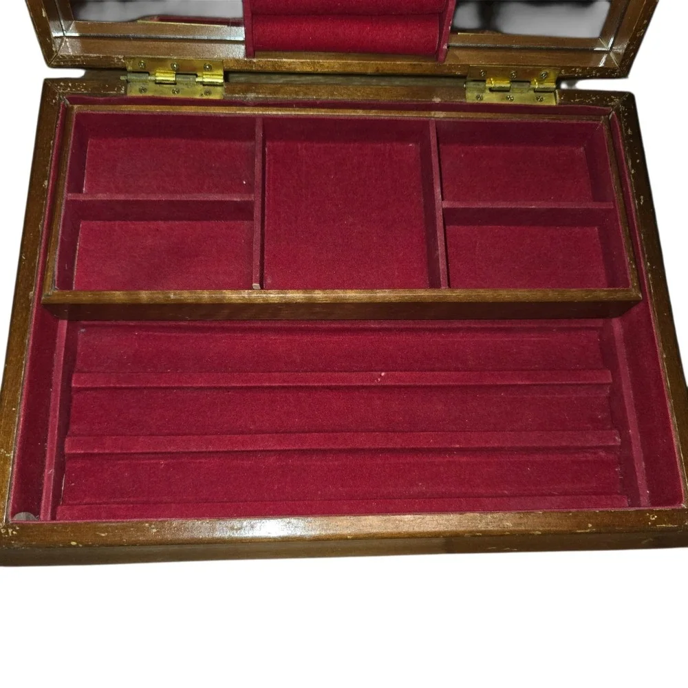Vintage Jewelry Box Wood London Leather Co Floral Tapestry Red Velvet Lining